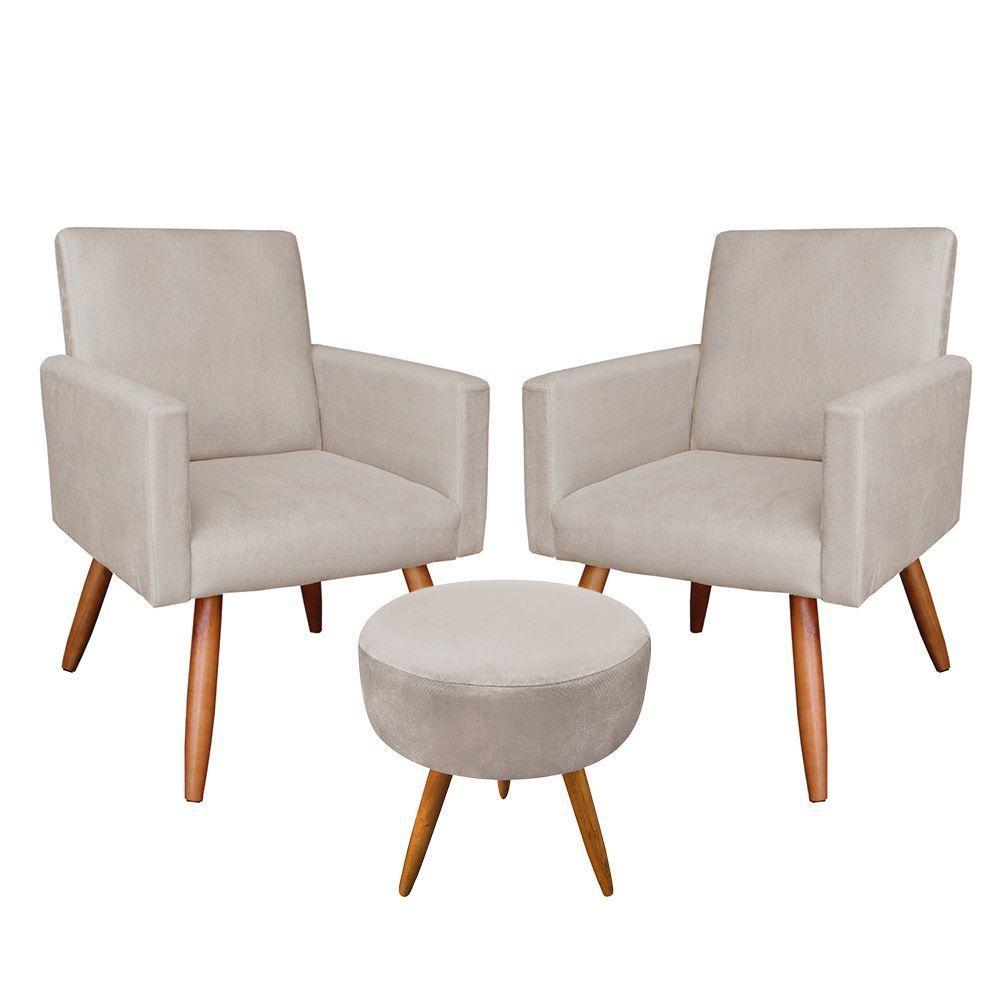 Kit 2 Poltronas/Puff Redonda Veludo Bege Pés Palito Castanho - 1