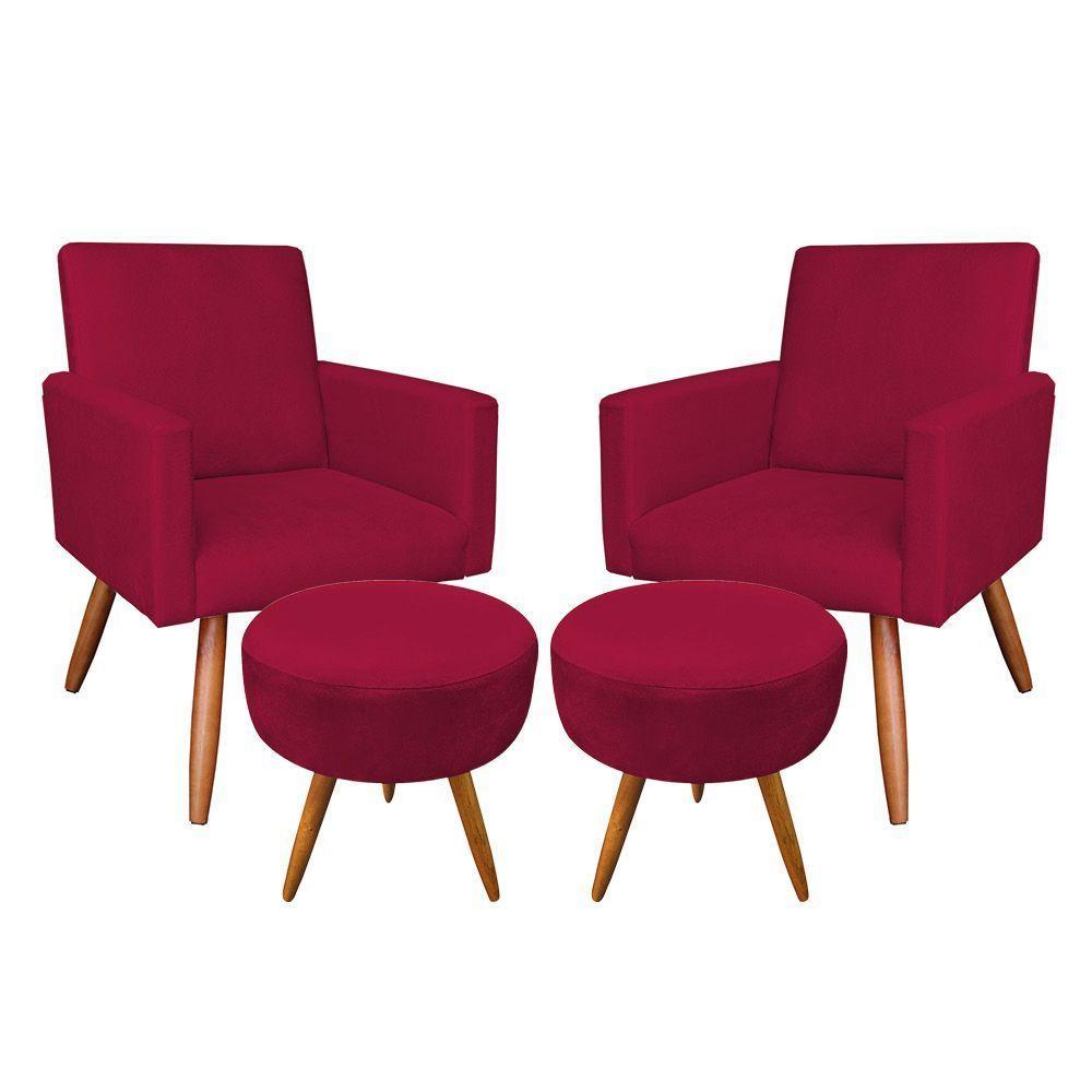 Kit 2 Poltronas/2 Puffs Redonda Veludo Vermelho Pés Palito - 1