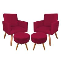 Kit 2 Poltronas/2 Puffs Redonda Veludo Vermelho Pés Palito - 1