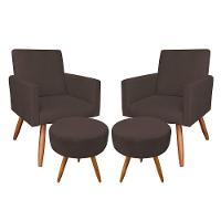 Kit 2 Poltronas/2 Puffs Redonda Veludo Marrom Pés Palito - 1