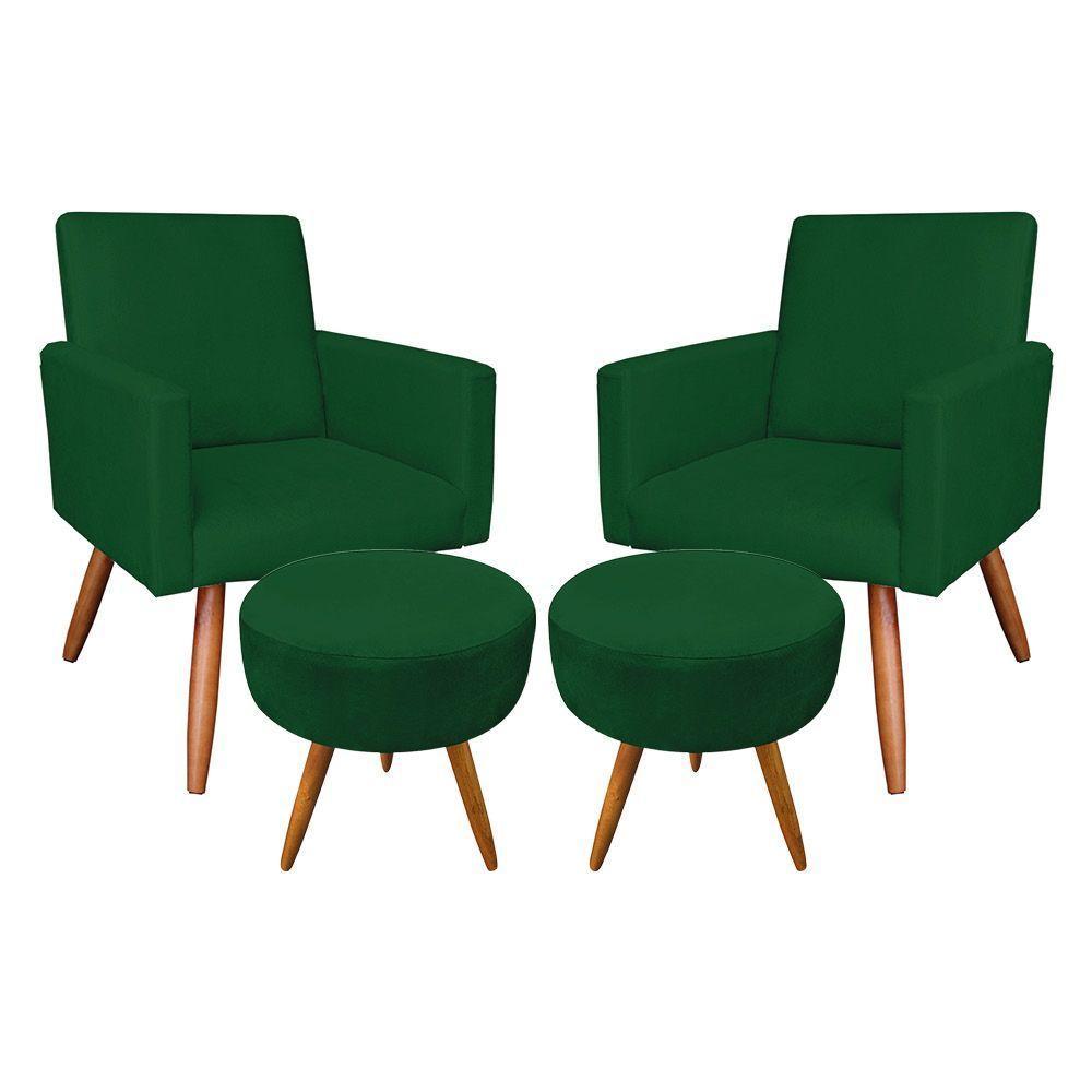 Kit 2 Poltronas/2 Puffs Redonda Veludo Verde - 1