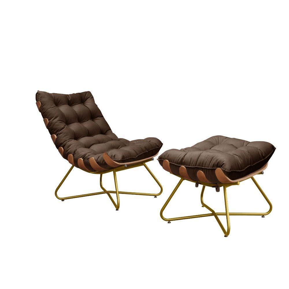 Kit Poltrona Costela Com Puff Pés Cruzados Dourado Suede Marrom - 1