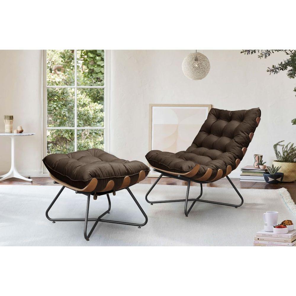 Kit Poltrona Costela Com Puff Pés Cruzados Dourado Suede Marrom - 3