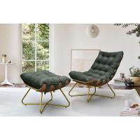 Kit Poltrona Costela Com Puff Pés Cruzados Dourado Suede Verde - 2
