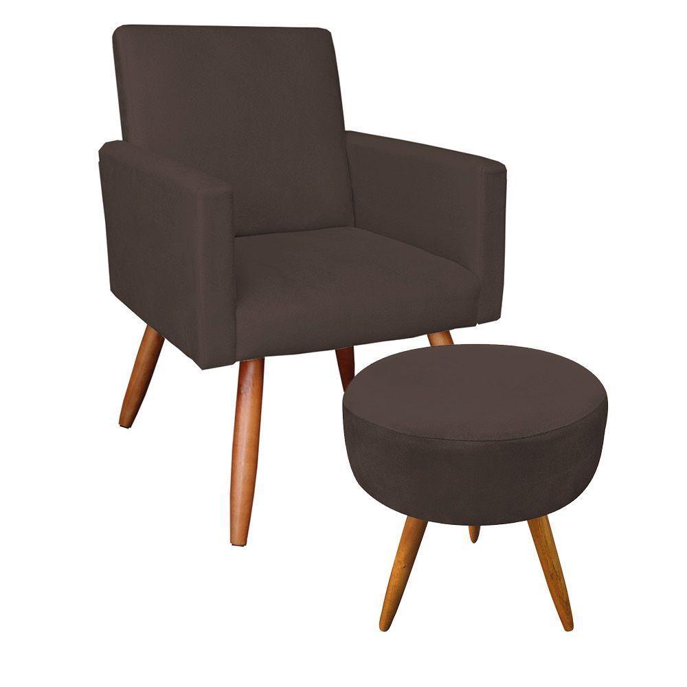 Kit Poltrona/Puff Redonda Veludo Marrom Pés Palito Castanho - 1