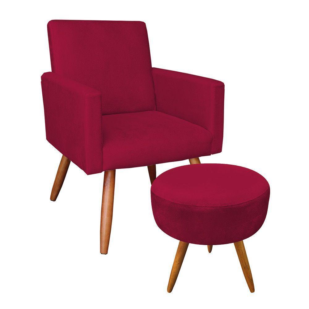 Kit Poltrona/Puff Redonda Veludo Vermelho Pés Palito - 1