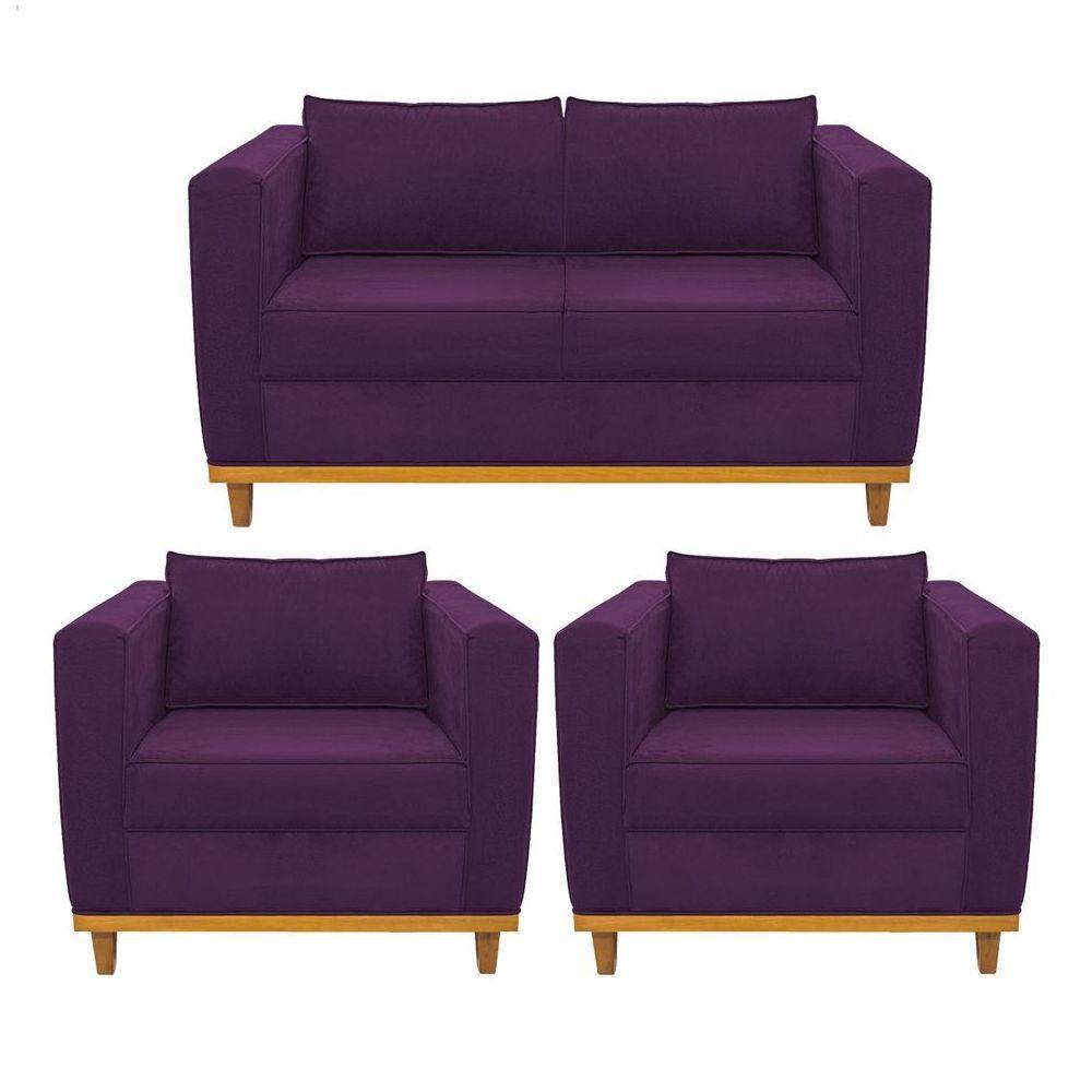 Kit Sofá 2 Lugares 2 Poltronas Europa Suede Roxo - 1
