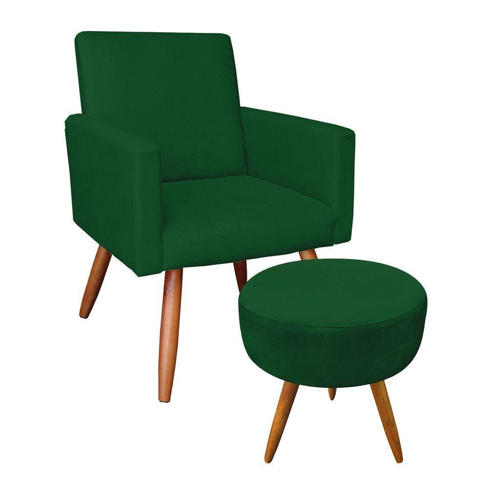Kit Poltrona E Puff Redonda Veludo Verde Pés Palito Castanho - 1