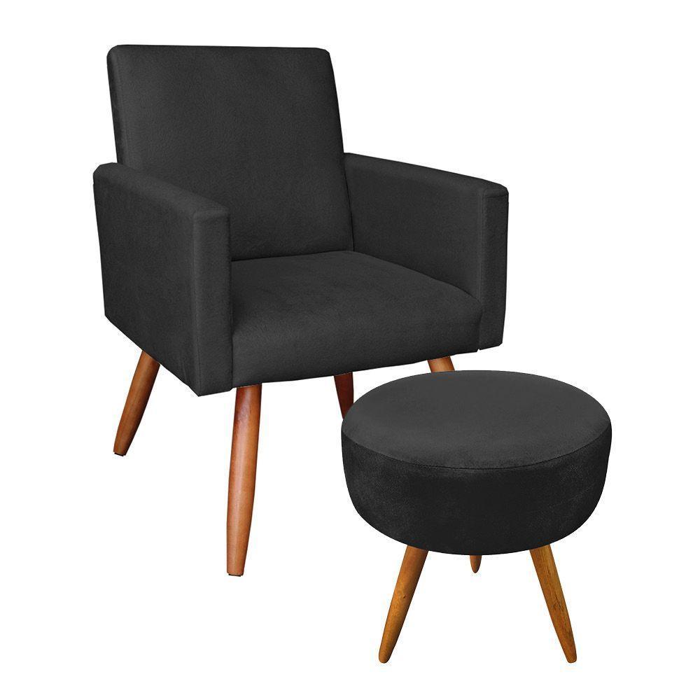 Kit Poltrona E Puff Redonda Veludo Pés Palito Castanho Preto - 1