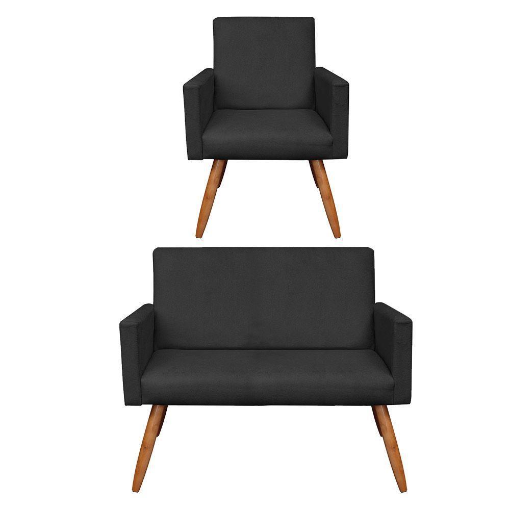 Kit Poltrona E Namoradeira Veludo Pés Palito Castanho Preto - 1