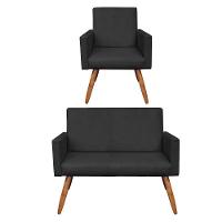 Kit Poltrona E Namoradeira Veludo Pés Palito Castanho Preto - 1