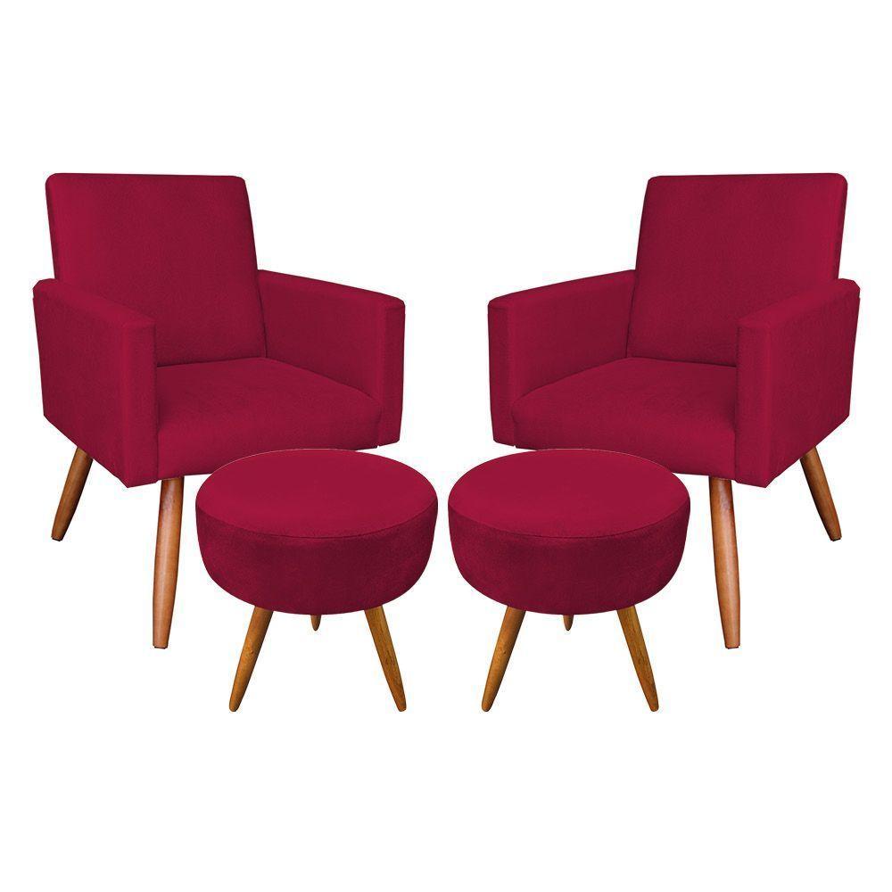 Kit 2 Poltronas/2 Puffs Redonda Veludo Vermelho - 1