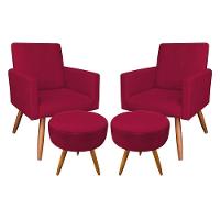 Kit 2 Poltronas/2 Puffs Redonda Veludo Vermelho - 1