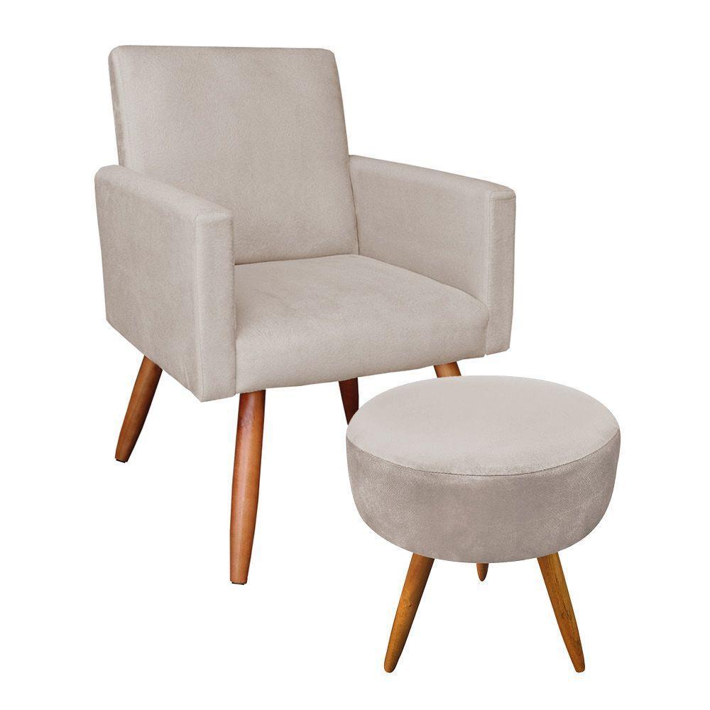 Kit Poltrona E Puff Redonda Veludo Bege Pés Palito Castanho - 1