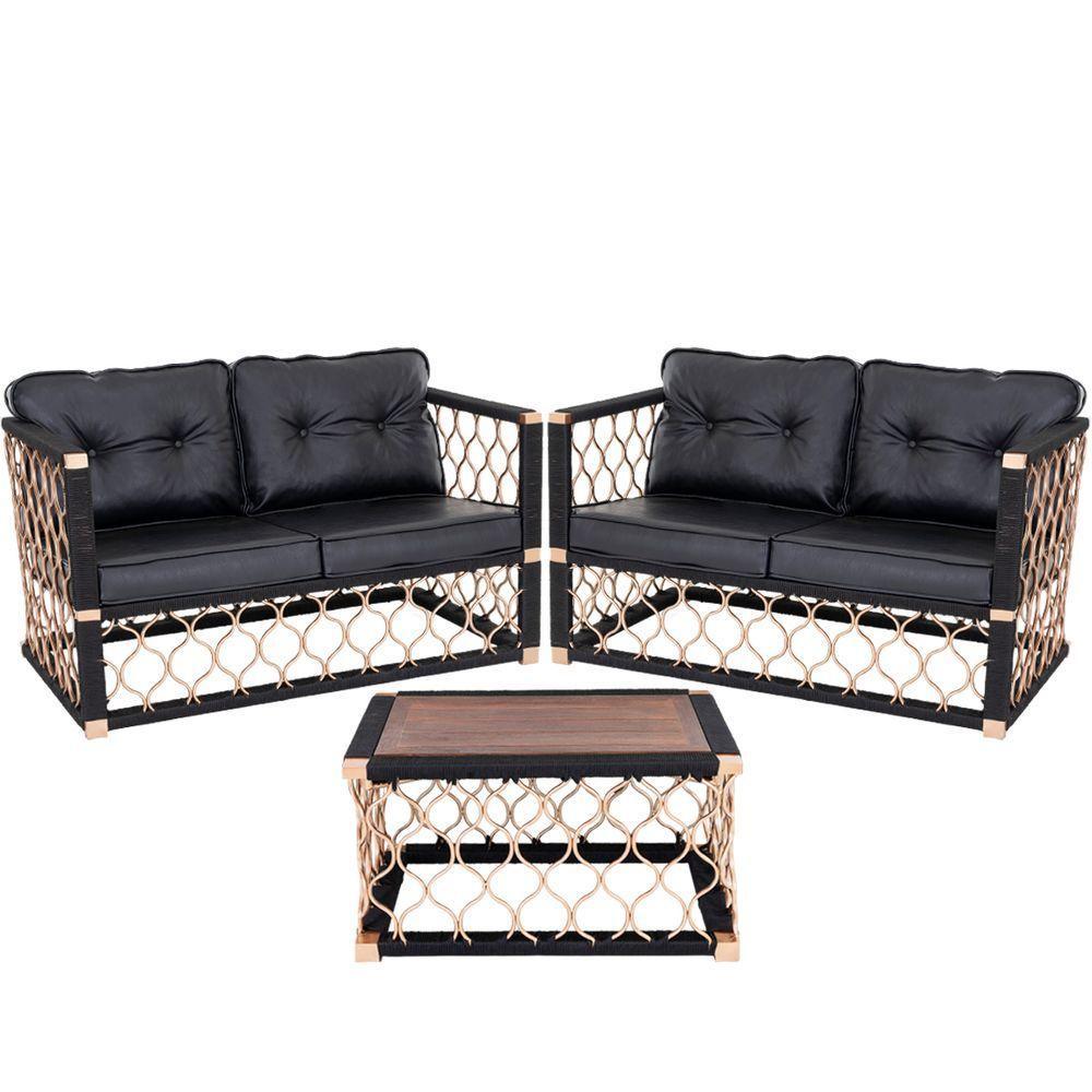 2 Poltronas Estofada Preta + Mesa Centro Corda Náutica - 1