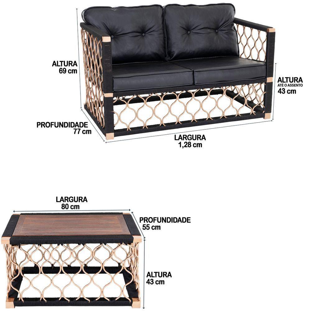 2 Poltronas Estofada Preta + Mesa Centro Corda Náutica - 2