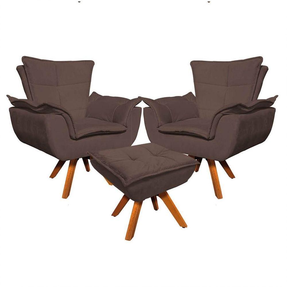 Kit 2 Poltronas Decorativas Base Giratória Giromad Com Puff Opla Suede Marrom - Ibiza - 1