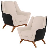 Kit 02 Poltronas Corano Preto C-05 Linho Bege C-107 - 1