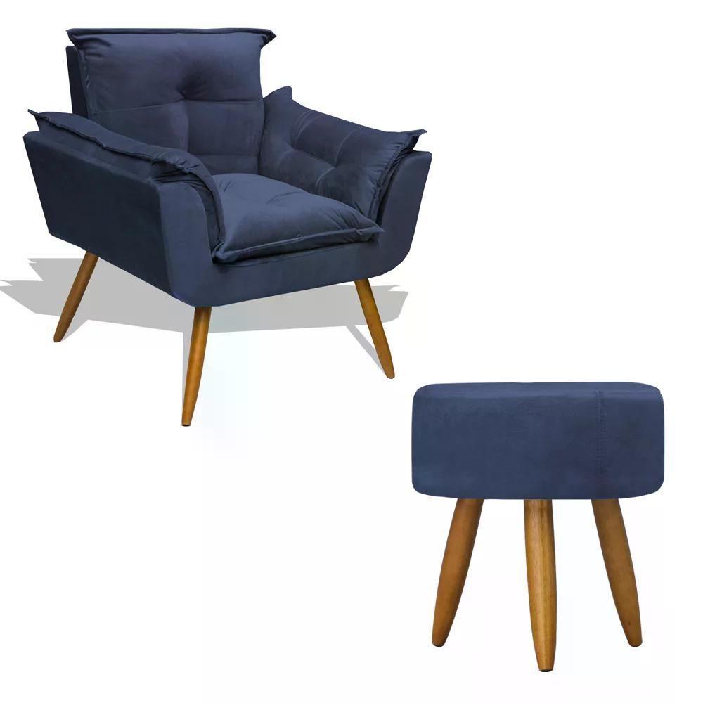 Kit Poltrona Decorativa Opala C/Puff Redondo Azul Marinho - 1