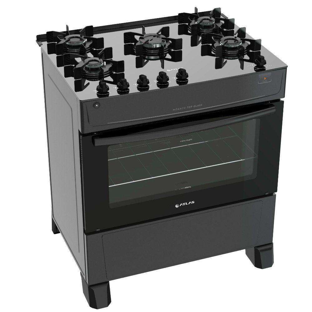 Fogão De Piso Atlas 5 Bocas Mônaco Top Glass Preto Bivolt - 1