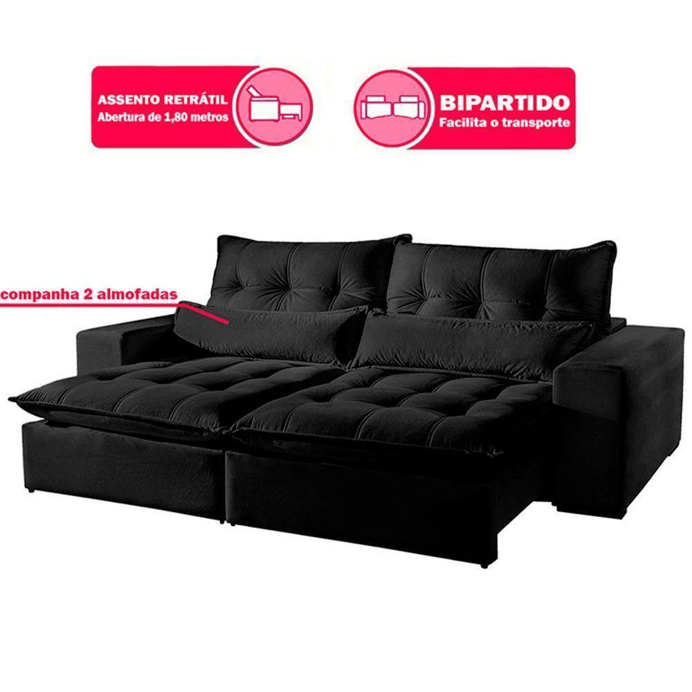 Sofá 3 Lugares Retrátil E Reclinável Máximo 2.30M Veludo Preto Preto - 3