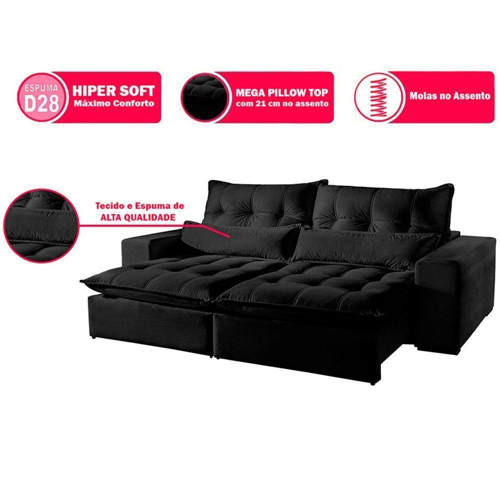 Sofá 3 Lugares Retrátil E Reclinável Máximo 2.30M Veludo Preto Preto - 5
