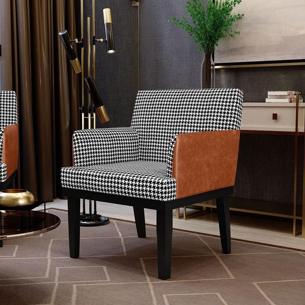 Kit 02 Poltronas Base Preto Suede Pied Poule Camel - 10