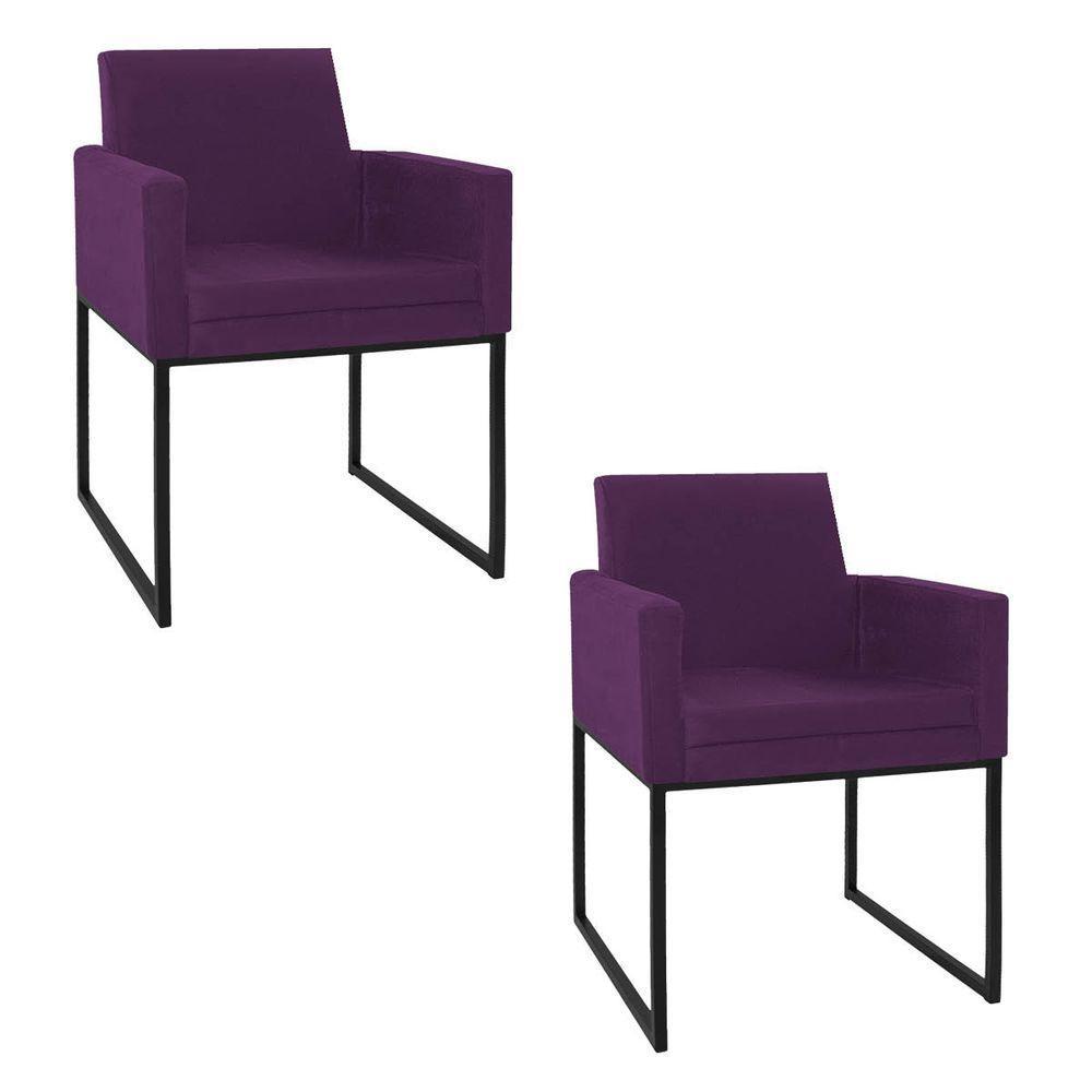 Kit 02 Poltronas Decorativa Bellinha Base de Ferro Preto Suede Roxo - 1