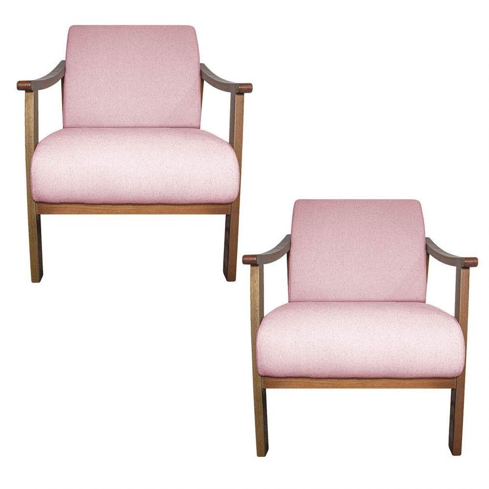 Kit 02 Poltrona Liz Base Madeira Suede Cor Rosa Bebê - 1