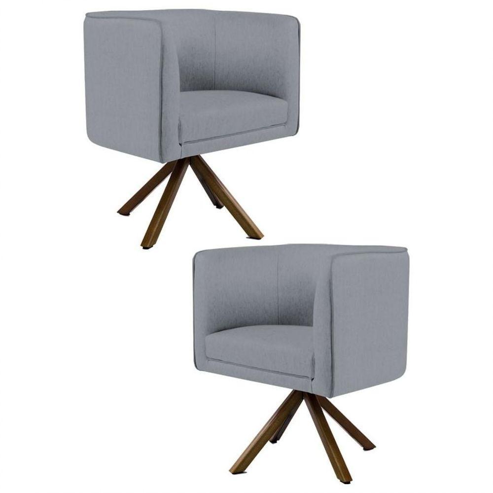 Kit 2 Poltronas Decorativas Base Giromad Madeira Betina C-416 Linho Cinza Escuro - 1