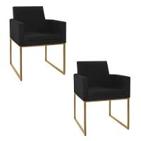 Kit 02 Poltronas Decorativa Bellinha Base de Ferro Dourado Suede Preto - 1