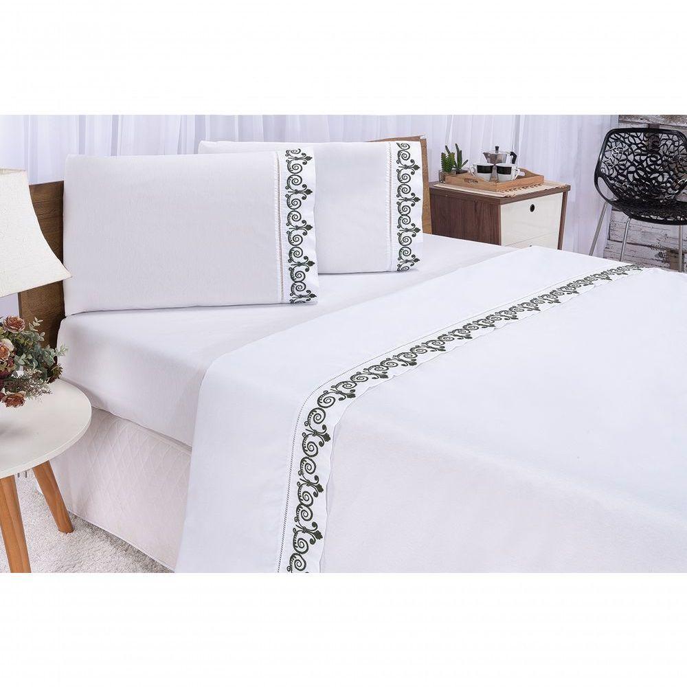 Jogo Lençol Atenas Quarto Casal Queen Bordado 4 Peças 2fronha Cor: Branco Com Verde Petróleo - 1