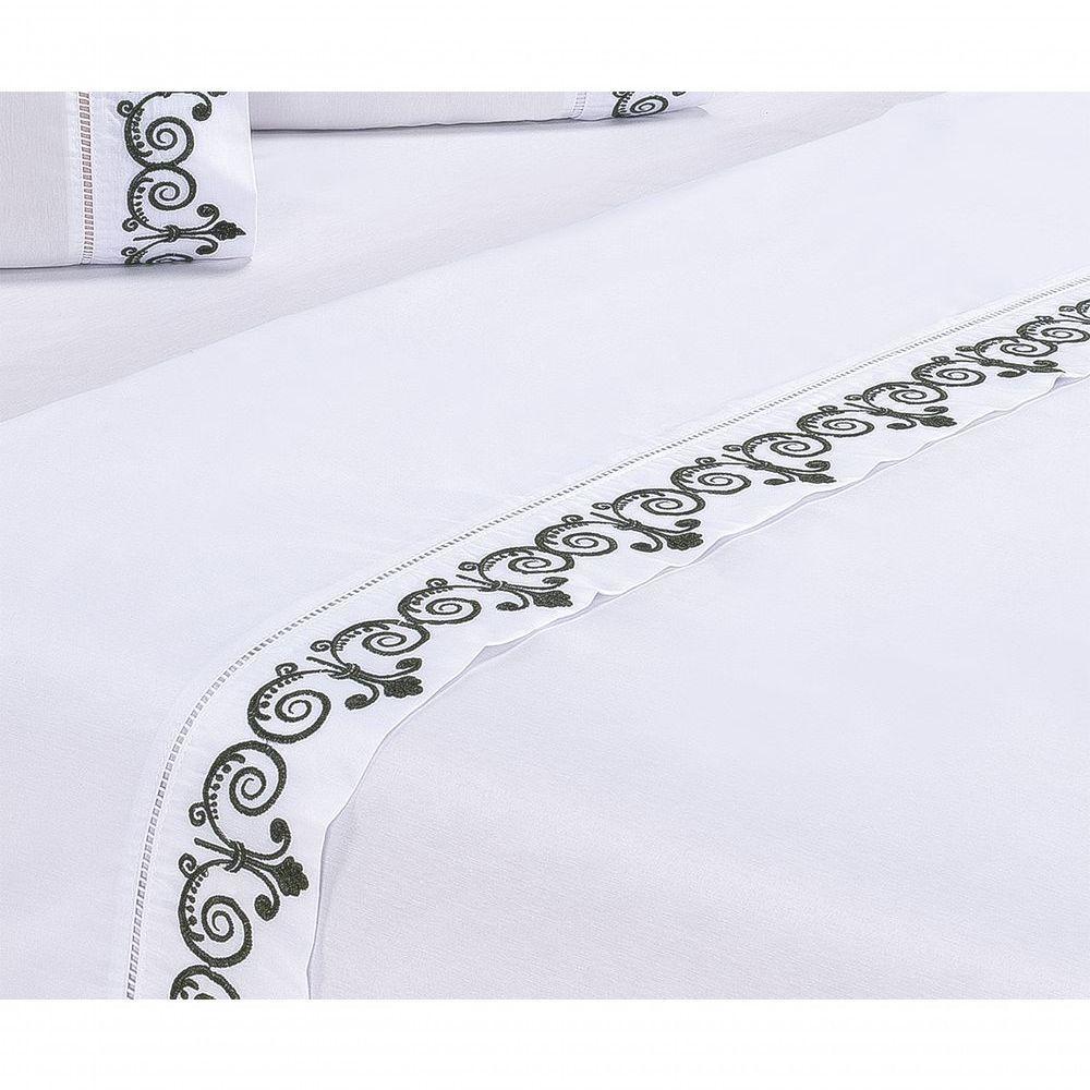 Jogo Lençol Atenas Quarto Casal Queen Bordado 4 Peças 2fronha Cor: Branco Com Verde Petróleo - 2