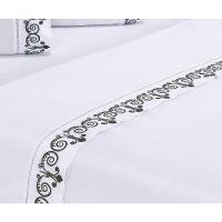 Jogo Lençol Atenas Quarto Casal Queen Bordado 4 Peças 2fronha Cor: Branco Com Verde Petróleo