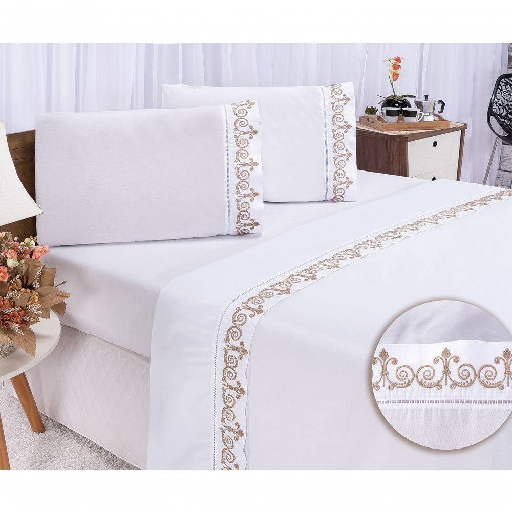 Jogo Lençol Atenas Quarto Casal Queen Bordado 4 Peças 2fronha Cor: Branco Com Caqui - 1