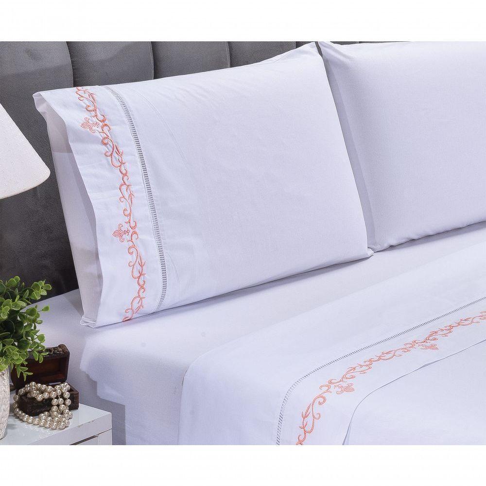 Jogo Lençol Imperial Quarto Casal King Bordado 4 Peças 2fronha Cor: Branco Com Salmão - 4