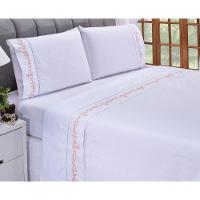 Jogo Lençol Imperial Quarto Casal Padrão Bordado 4 Peças 2fronha Cor: Branco Com Salmão - 1