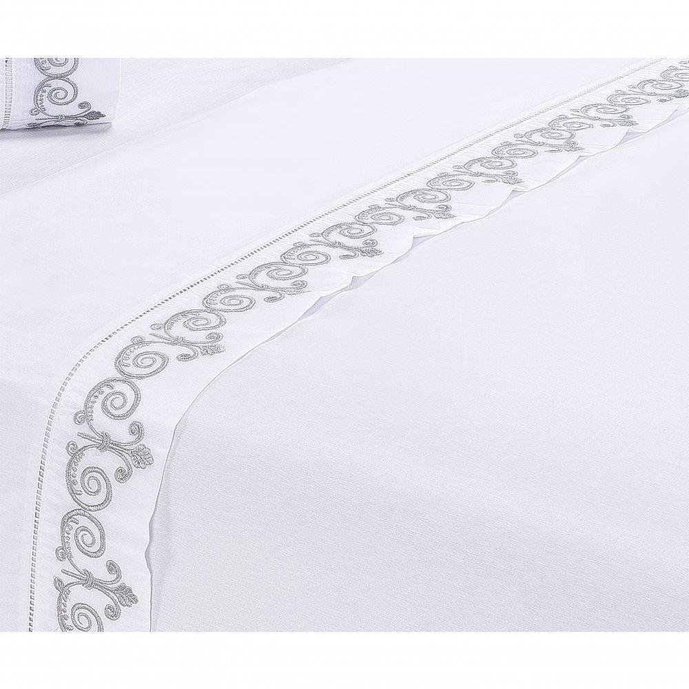 Jogo Lençol Atenas Quarto Casal Queen Bordado 4 Peças 2fronha Cor:branco Com Cinza - 4