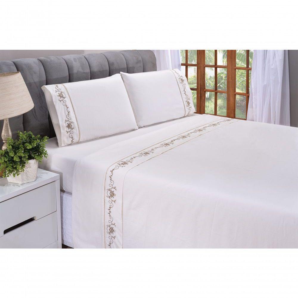 Jogo Lençol Fluence Quarto Casal Padrão Bordado 4 Peças 2fronha Cor: Palha Com Caqui - 1