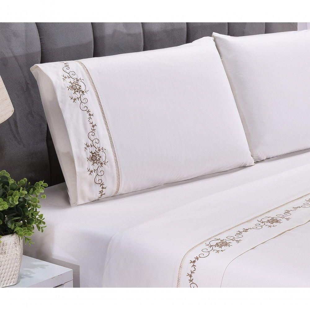 Jogo Lençol Fluence Quarto Casal Padrão Bordado 4 Peças 2fronha Cor: Palha Com Caqui - 3