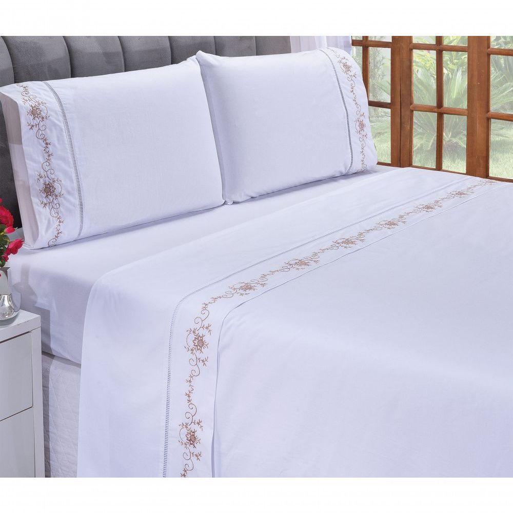 Jogo Lençol Fluence Quarto Casal Padrão Bordado 4 Peças 2fronha Cor: Palha Com Caqui - 4