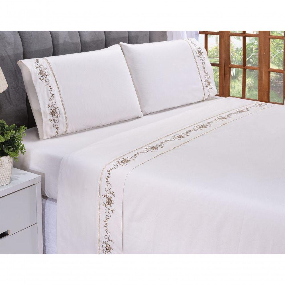 Jogo Lençol Fluence Quarto Casal Padrão Bordado 4 Peças 2fronha Cor: Palha Com Caqui - 5