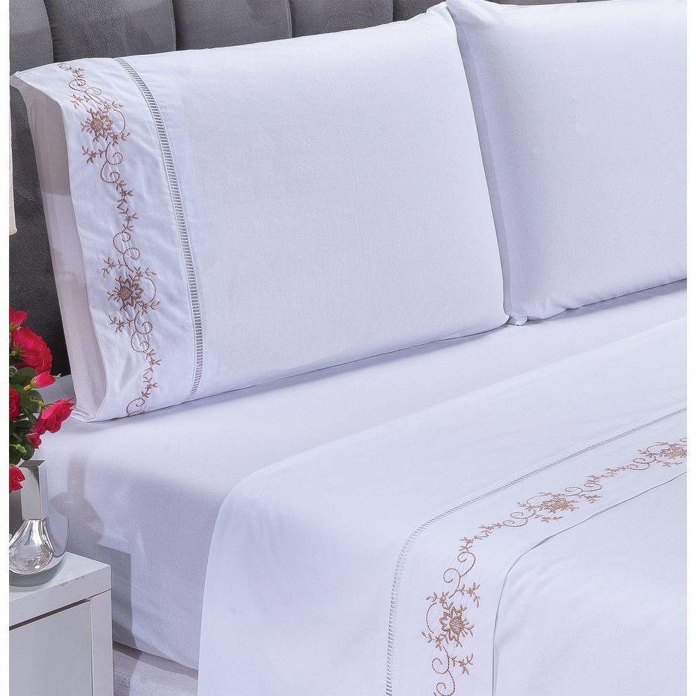 Jogo Lençol Fluence Quarto Casal Padrão Bordado 4 Peças 2fronha Cor: Palha Com Caqui - 6