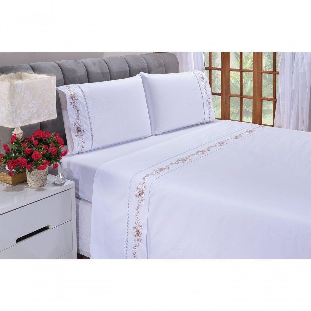 Jogo Lençol Fluence Quarto Casal Padrão Bordado 4 Peças 2fronha Cor: Palha Com Caqui - 7