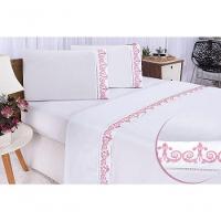 Jogo Lençol Atenas Quarto Casal Queen Bordado 4 Peças 2fronha Cor: Branco Com Rose - 1