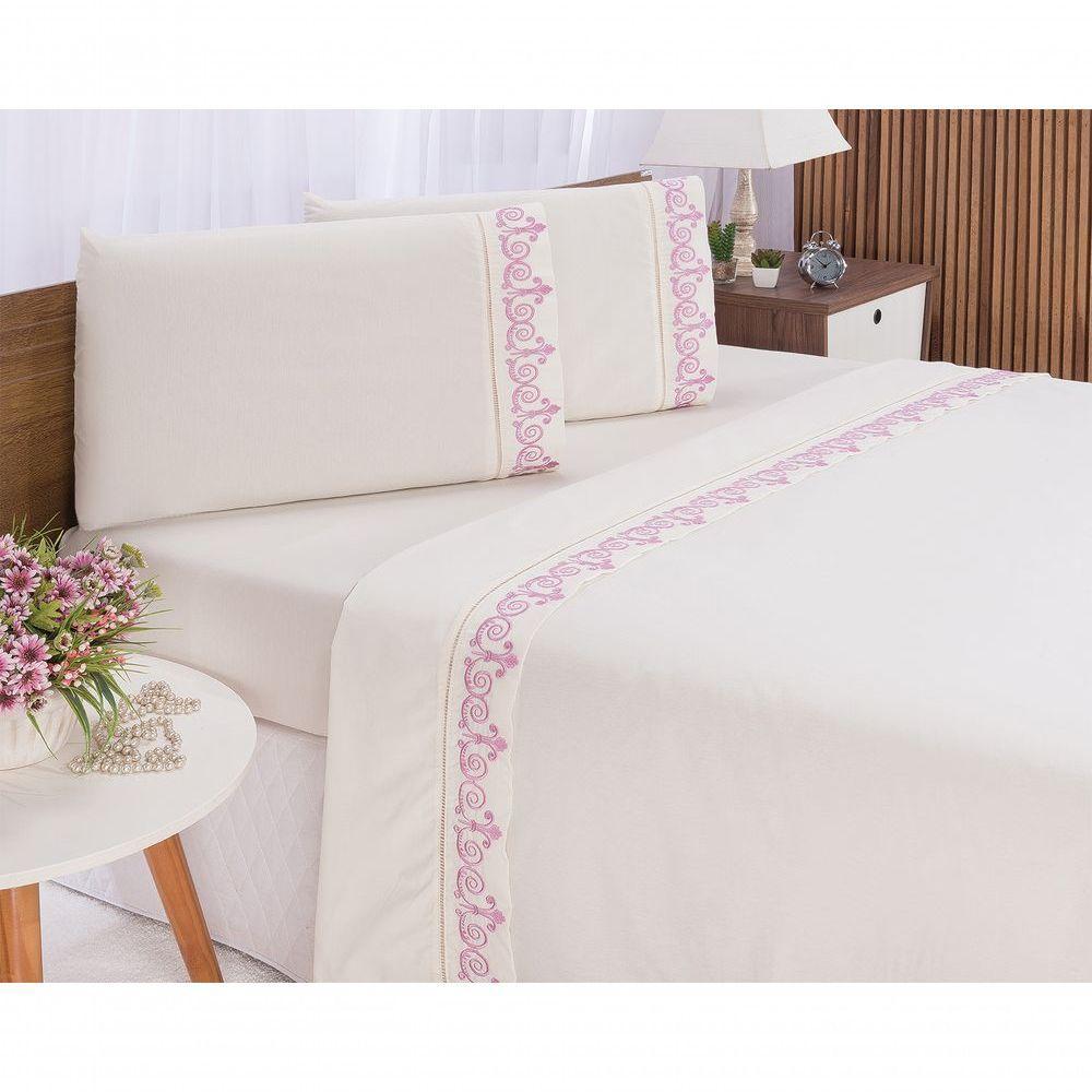 Jogo Lençol Atenas Quarto Casal Queen Bordado 4 Peças 2fronha Cor:palha Com Rose - 2