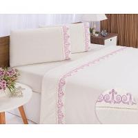 Jogo Lençol Atenas Quarto Casal Queen Bordado 4 Peças 2fronha Cor:palha Com Rose - 1