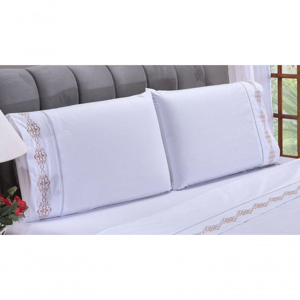 Jogo Lençol Diamante Quarto Casal King Bordado 4 Peças 2fronha Cor: Branco Com Caqui - 3