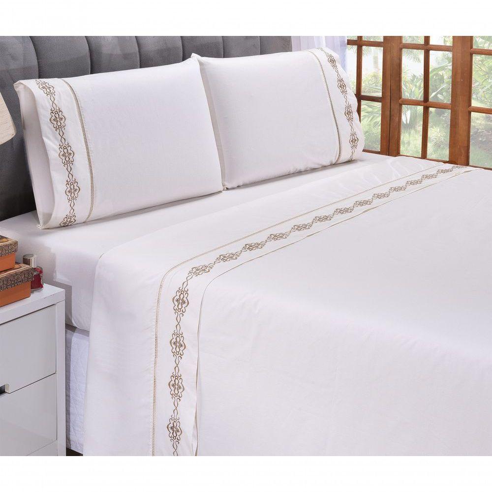 Jogo Lençol Diamante Quarto Casal King Bordado 4 Peças 2fronha Cor: Palha Com Caqui - 3