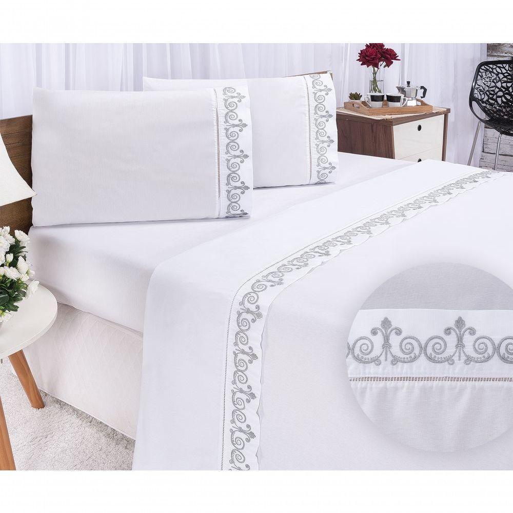 Jogo Lençol Atenas Quarto Casal Padrão Bordado 4 Peças 2fronha Cor:branco Com Cinza - 1